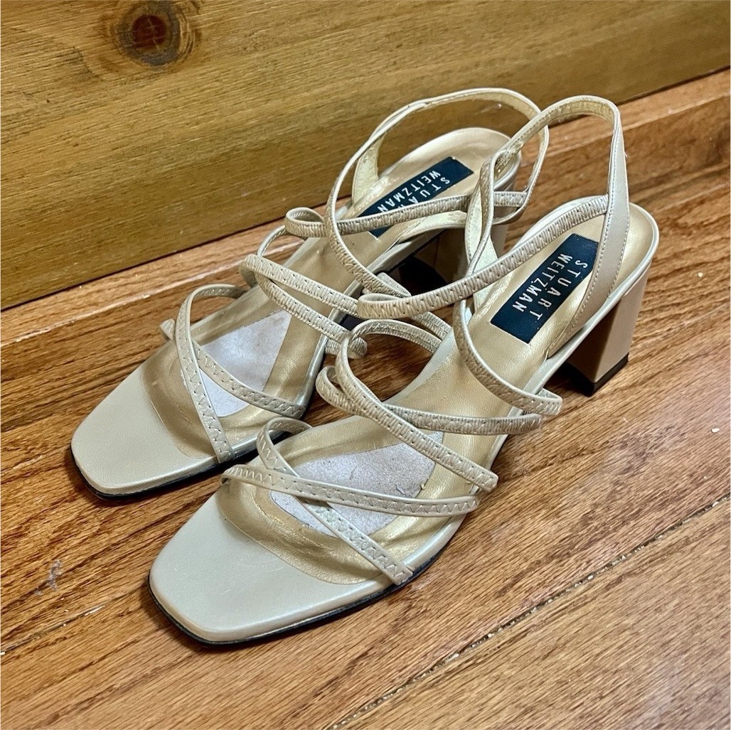 Stuart Weitzman Nude Golden Beige Strappy Slingback Block Heel Sandals Leather