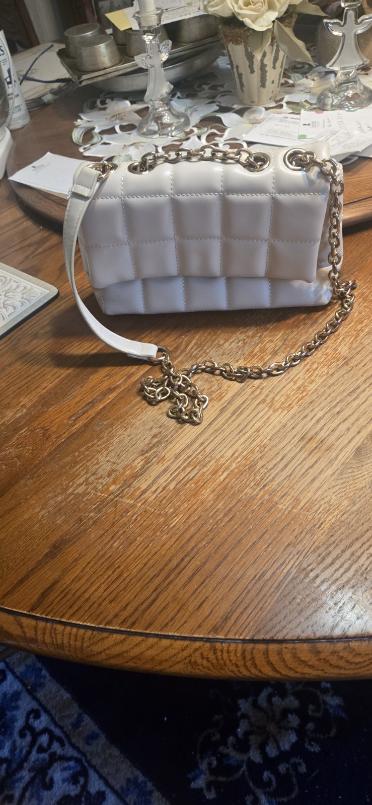 White Quilted Shoulder Bag Gold Chain Strap Detachable Strap Zip Closure