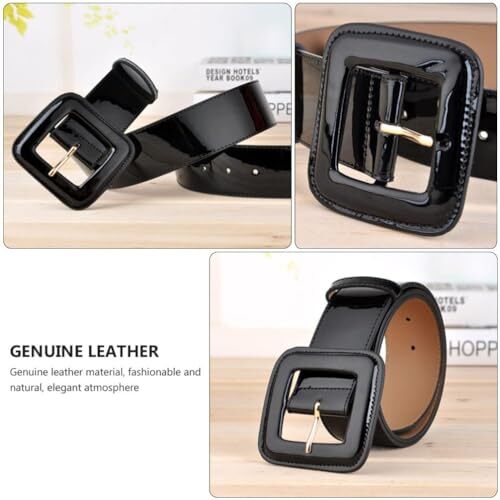 Black Patent Leather Belt Women: Retro Wide Black Belt with Square Buckle, Wide