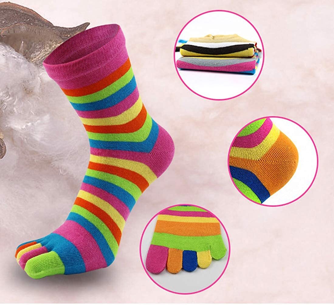 5 Pairs Women Five Finger Toe Socks Sport Casual Rainbow Striped Solid Color 5-9