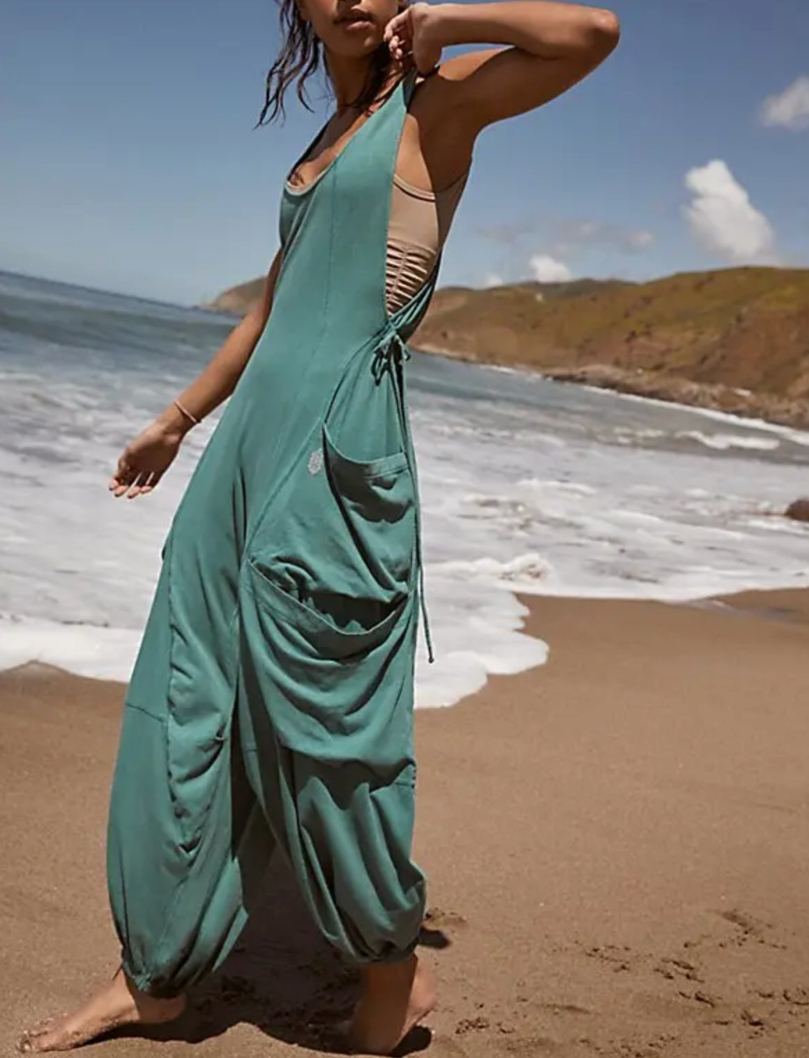 Free People Movement Vintage Green Sleeveless Side Pockets Infinity Jumpsuit L