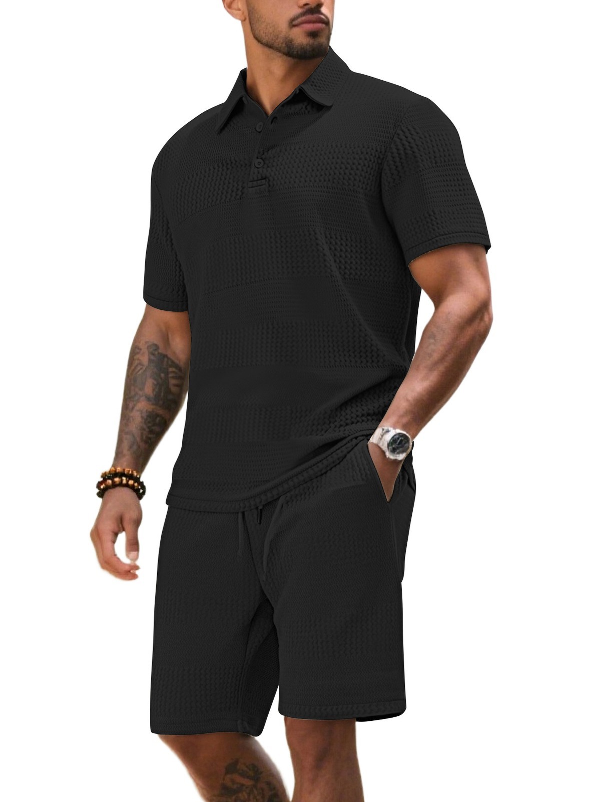Men Waffle Knit Shorts Set Casual Summer 2 Piece Tracksuit Matching