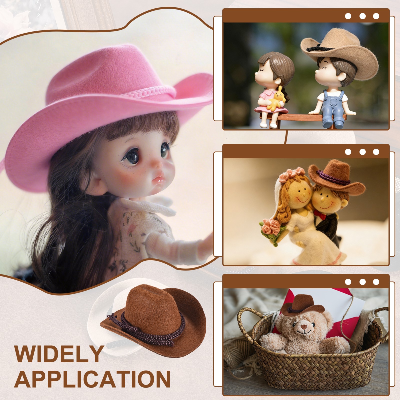 Brown Mini Cowboy Hats for Crafts Dolls Wedding, 6.5cm x 7.1cm x 3cm