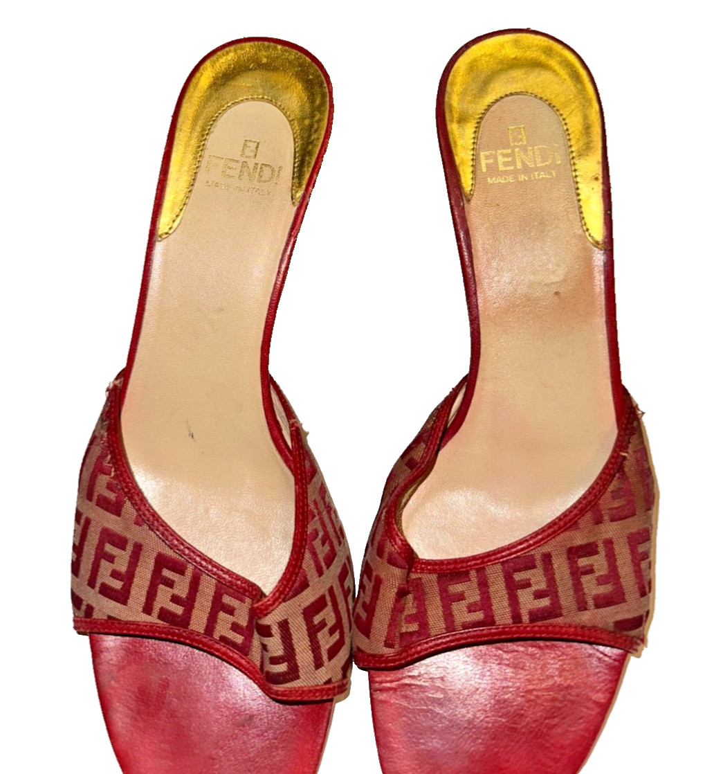 Fendi Red Monogram Zucca Canvas Mules Vintage Clogs Size 39