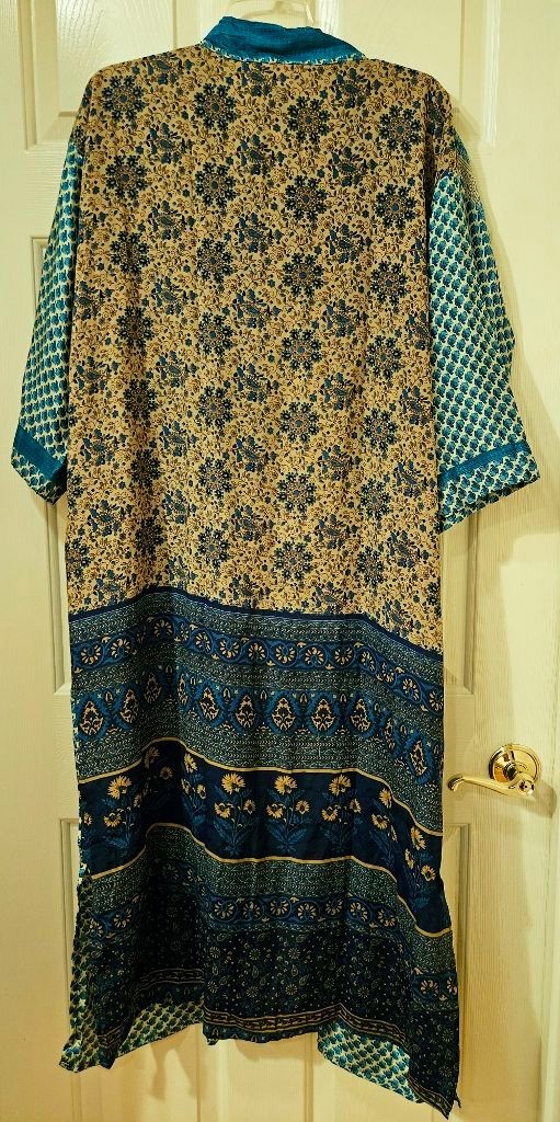 Art Silk Kimono Robe~ Women’s One Size~ Kimono w/Tie ~Floral ~Teal, Green, Beige
