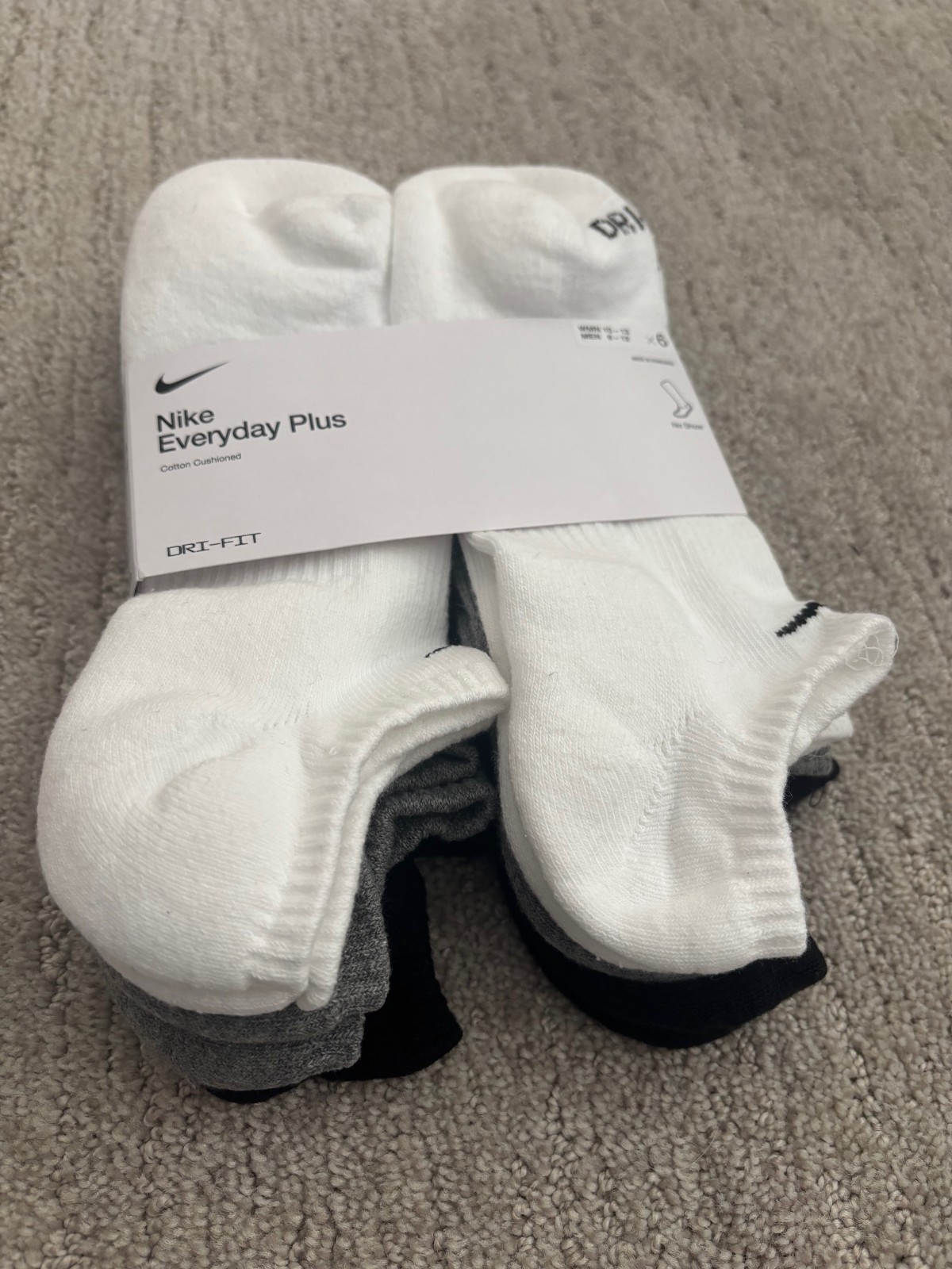 Nike Everyday Plus No Show Socks MULTI GREY/WHITE/BLACK 6 Pk Sz L Mens 8-12