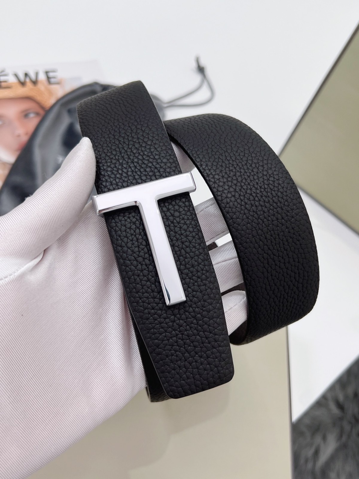 Tom Ford Belt Reversible Silvery T-Buckle, Black /Brown Calfskin Leather