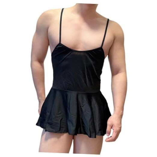 Men’s Sexy Mini Dress Spaghetti Strap Scoop U Neck Backless One Size Black