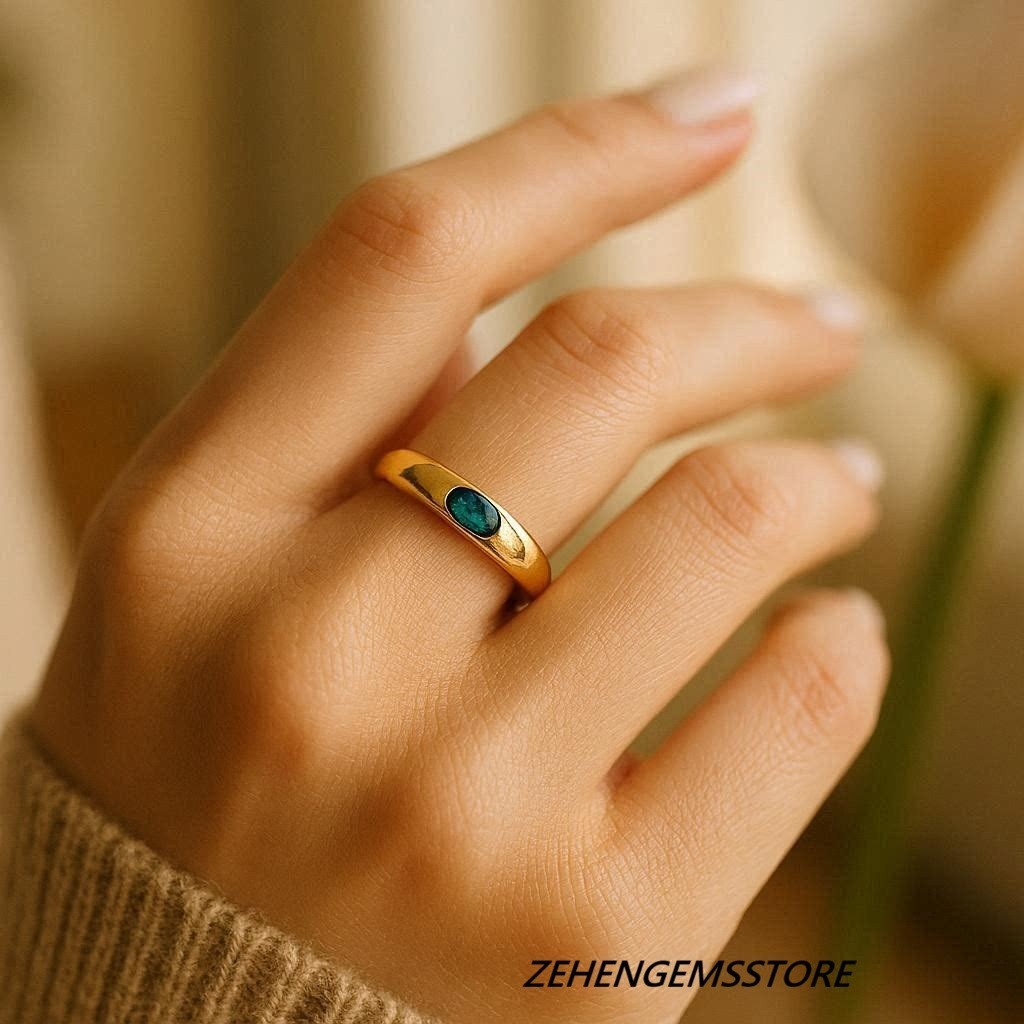 Lab Created Emerald Ring 925 Sterling Silver Gold Plated Oval Band Ring