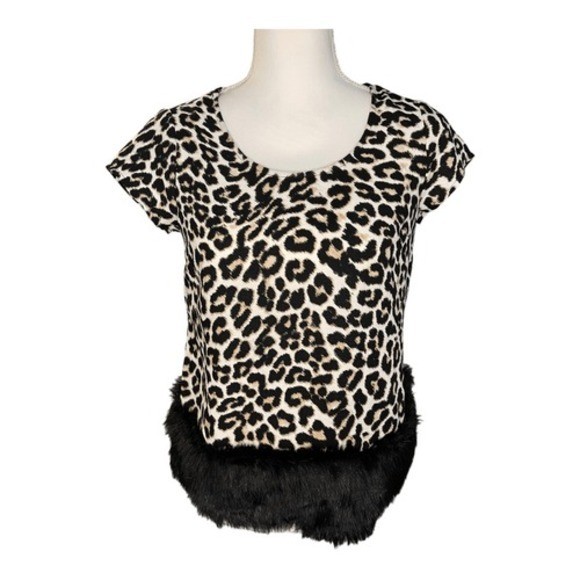Worthington Leopard Print Top Faux Fur Trim Petite Short Sleeve XS NWT