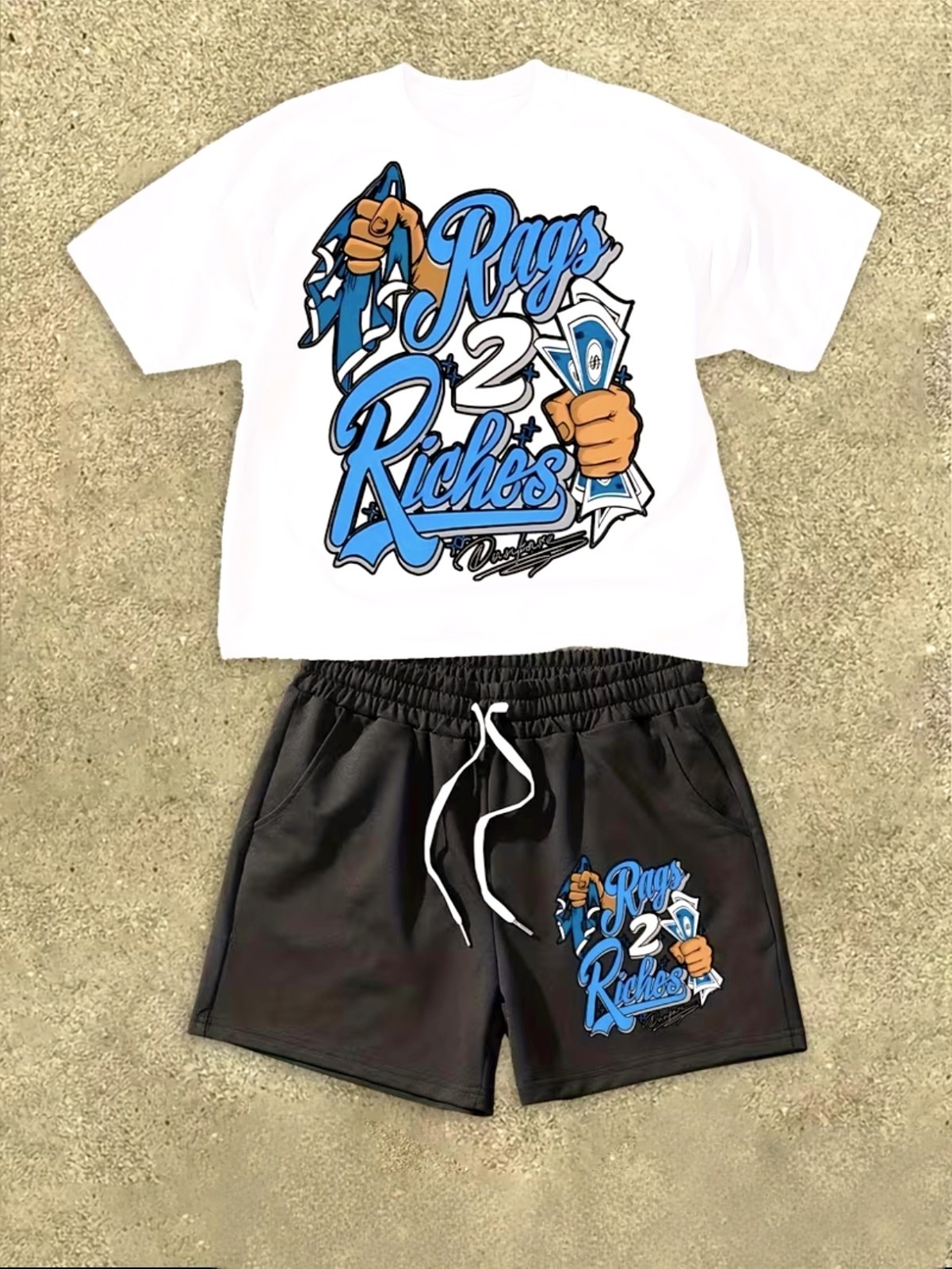 Men 2 Piece Rags 2 Riches Set T‑Shirt and Shorts Summer Outfit