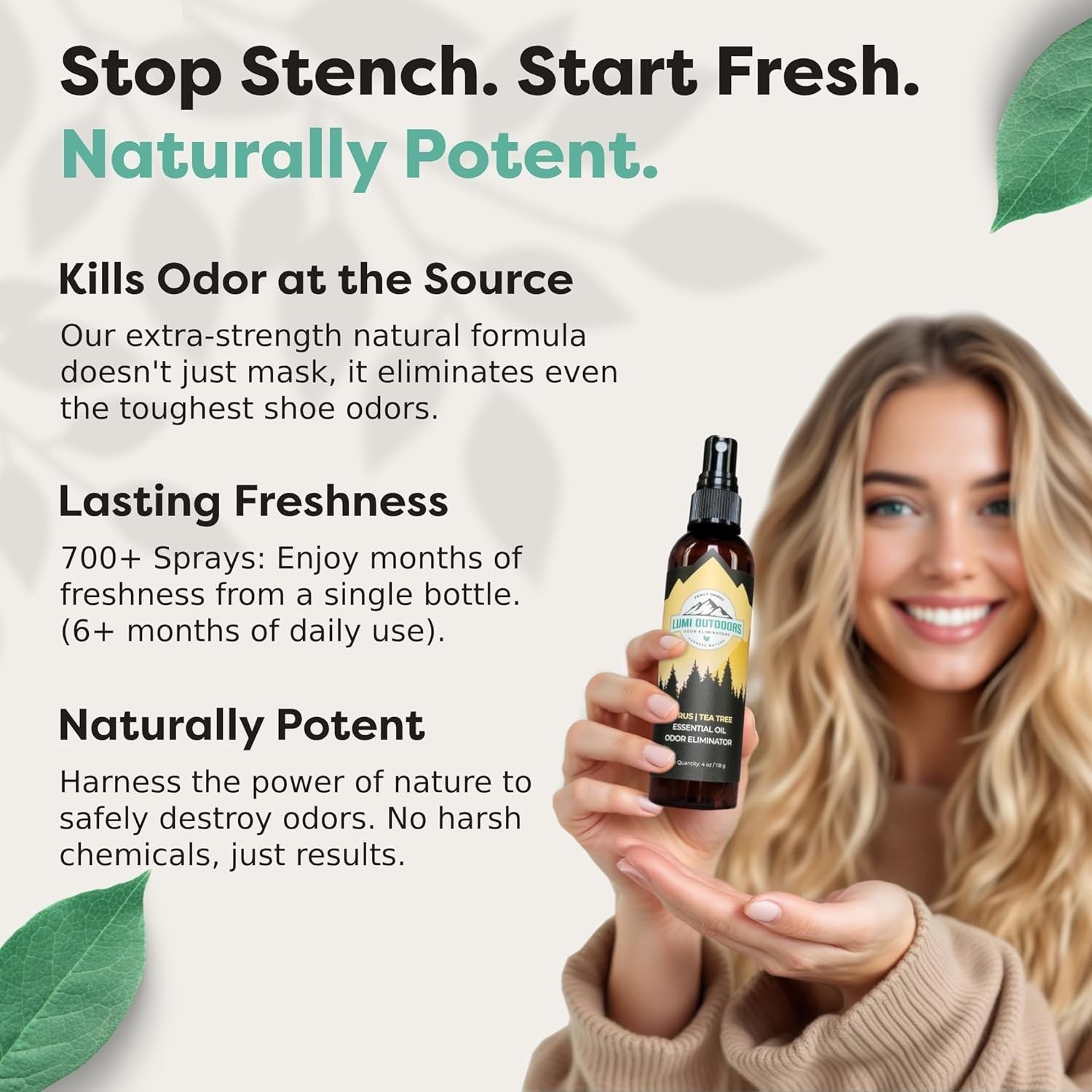 Lumi Outdoors Shoe Deodorizer Spray Citrus Tea Tree Odor Eliminator Freshener