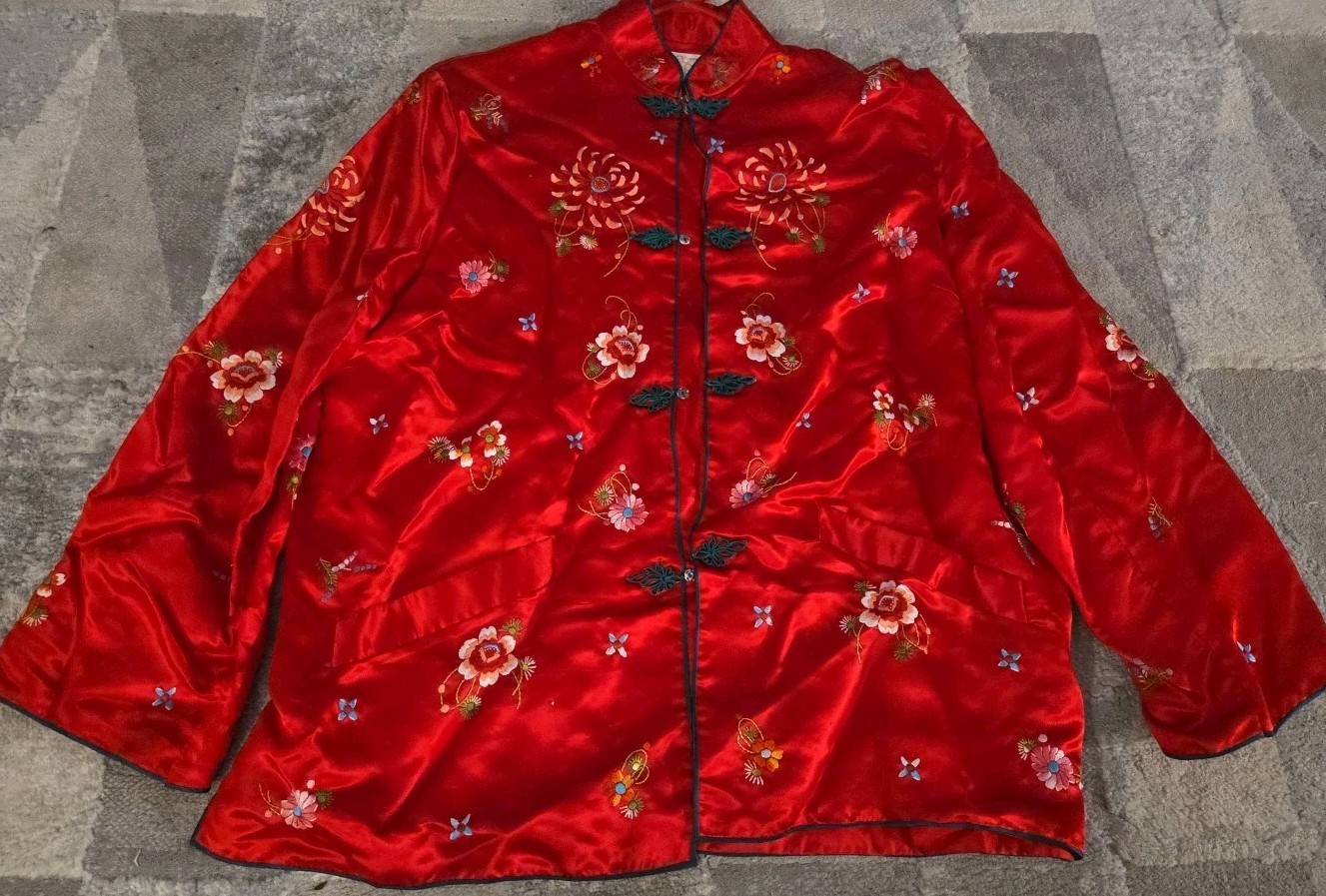 Vintage Plum Blossoms Jacket 12 42 Red Embroidered Rayon Silk Guangdong Chinese