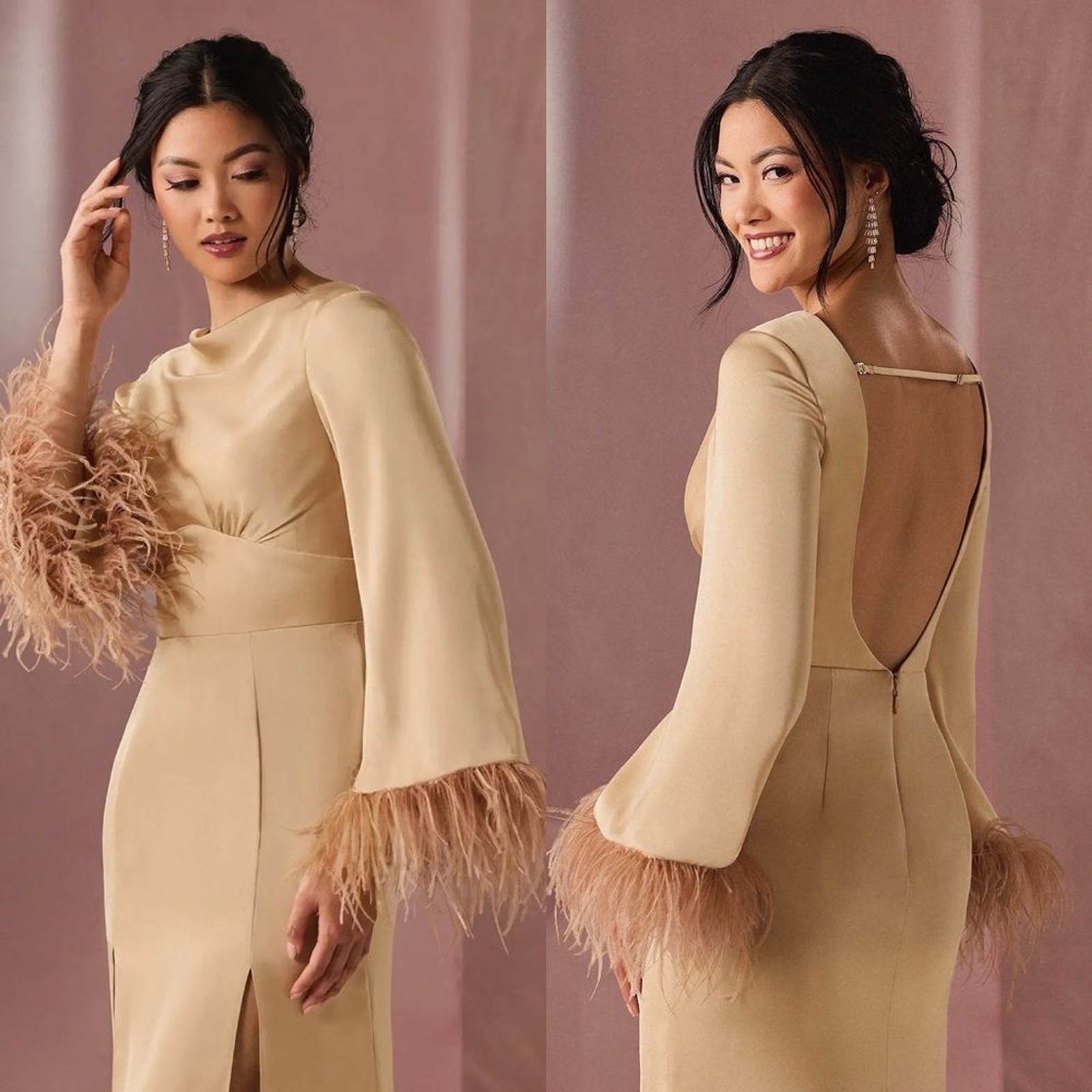 NWT Azazie Aubrey Gold Champagne Midi Dress With Feathers