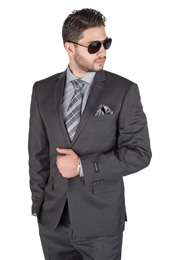 Slim Fit Men Suit 2 Button Dark Charcoal Grey Notch Lapel Double Vented By AZAR