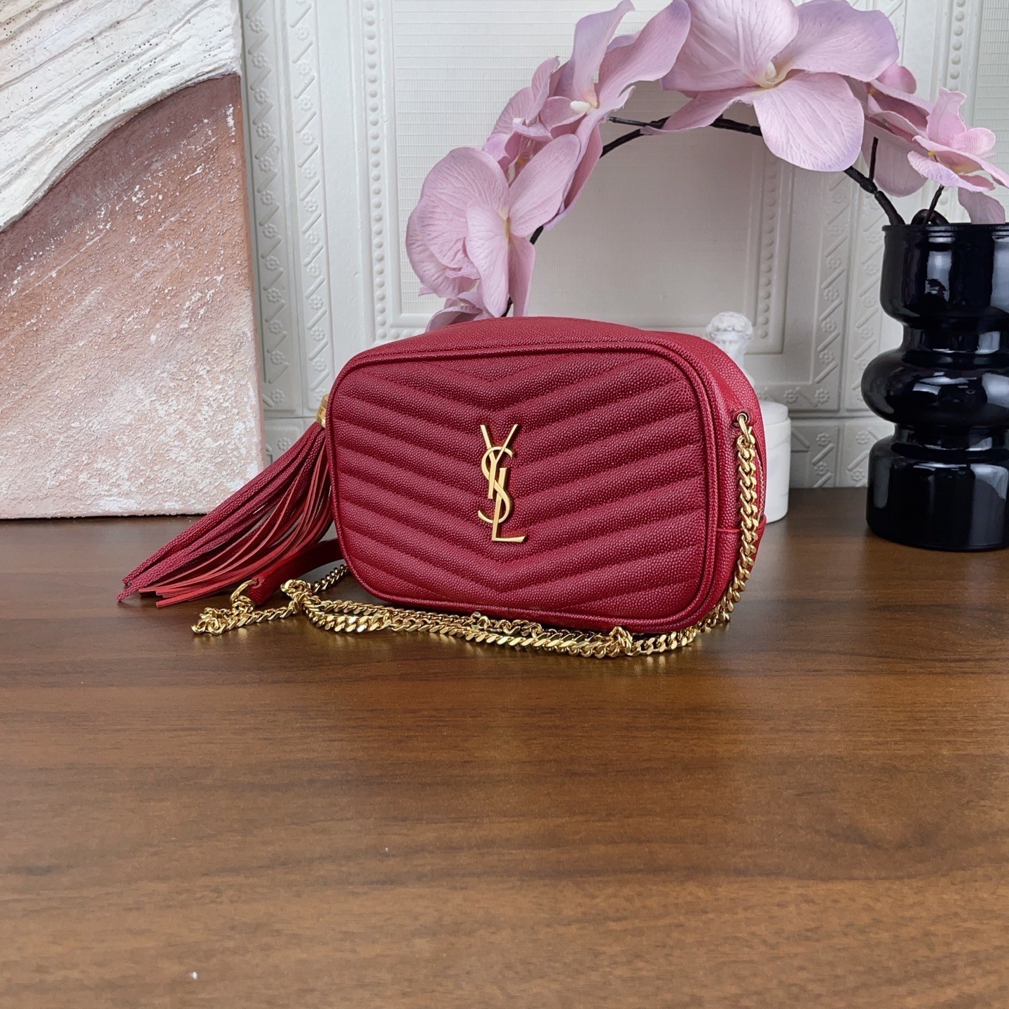 Saint Laurent Red Full Leather Tassel Camera Bag, （19×5×11）cm