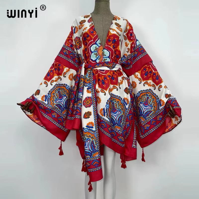 Red Africa Dress Women Cardigan Silky Robe Kimono Dress Cruise Wear Beach Dress