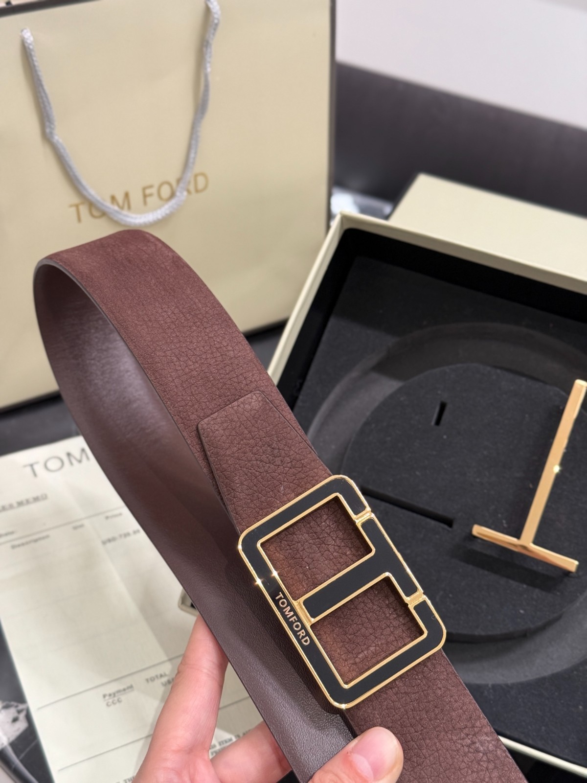 Tom Ford Mens T Logo Brown Leather Dress Belt S.S. Buckle