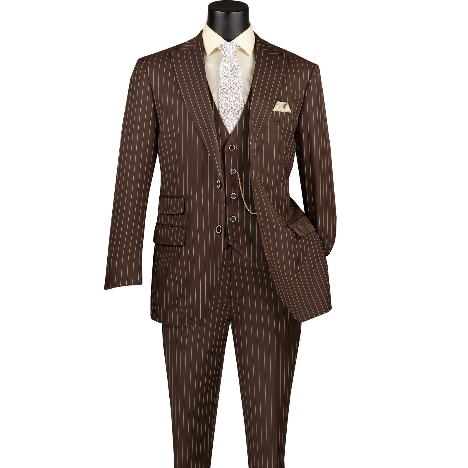 VINCI Men’s Brown Striped 3 Piece Regular Fit Suit w/ Flex Waist – NEW