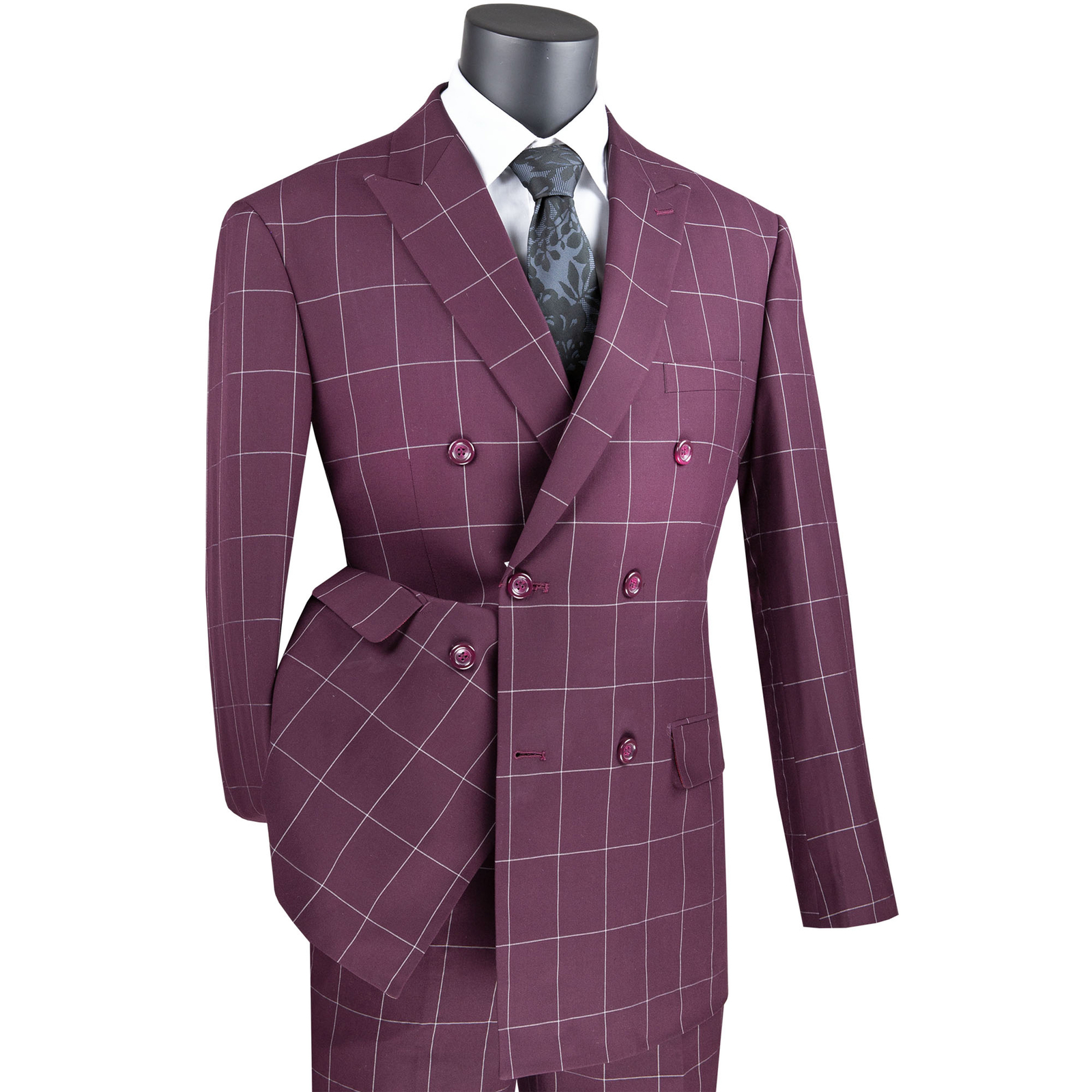 VINCI Men’s Burgundy Windowpane Double Breasted 6-Button Modern Suit – NEW