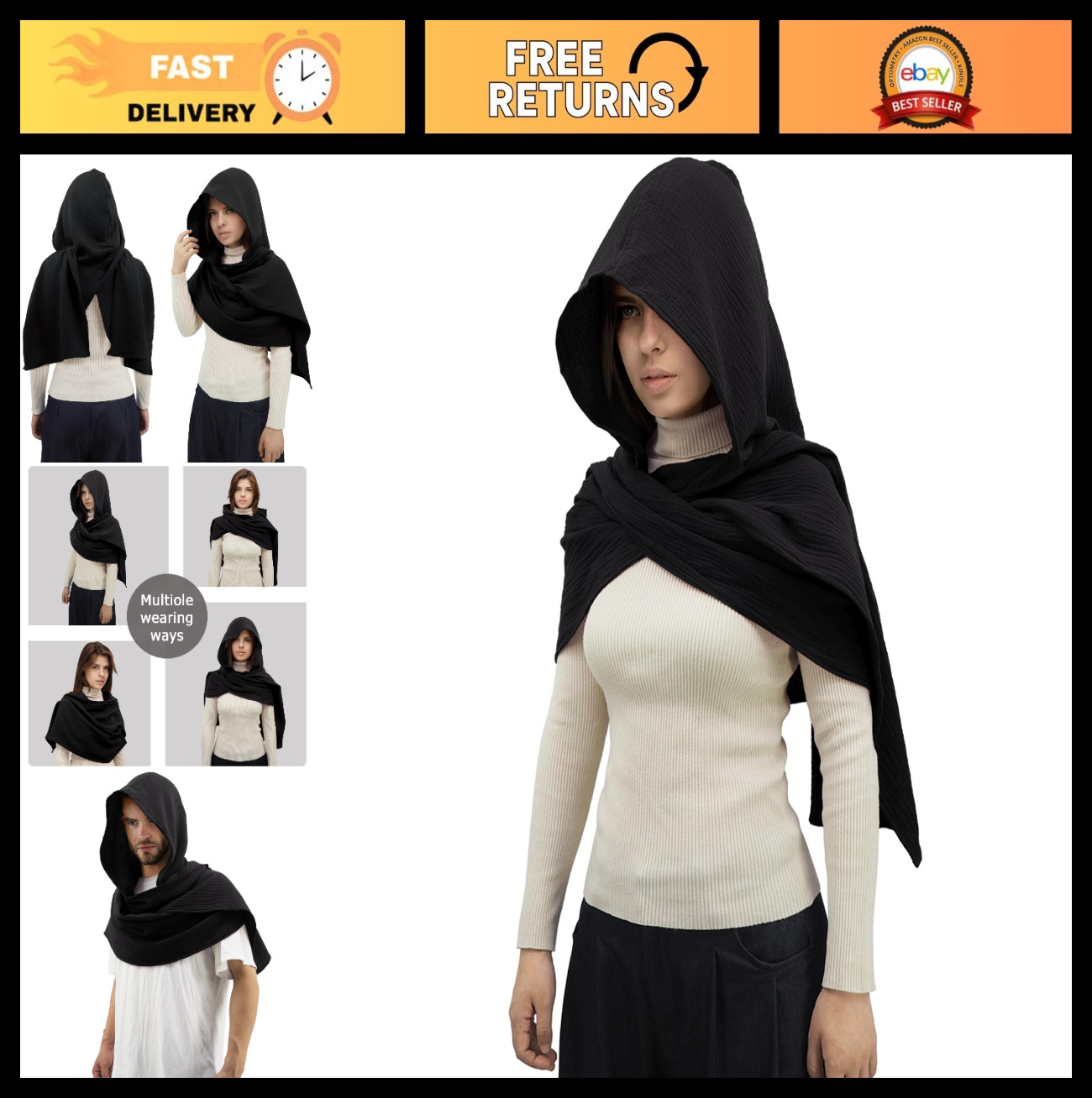Multifunctional Hooded Shawl Scarf Cape | Vintage Goth Linen Cotton Cowl