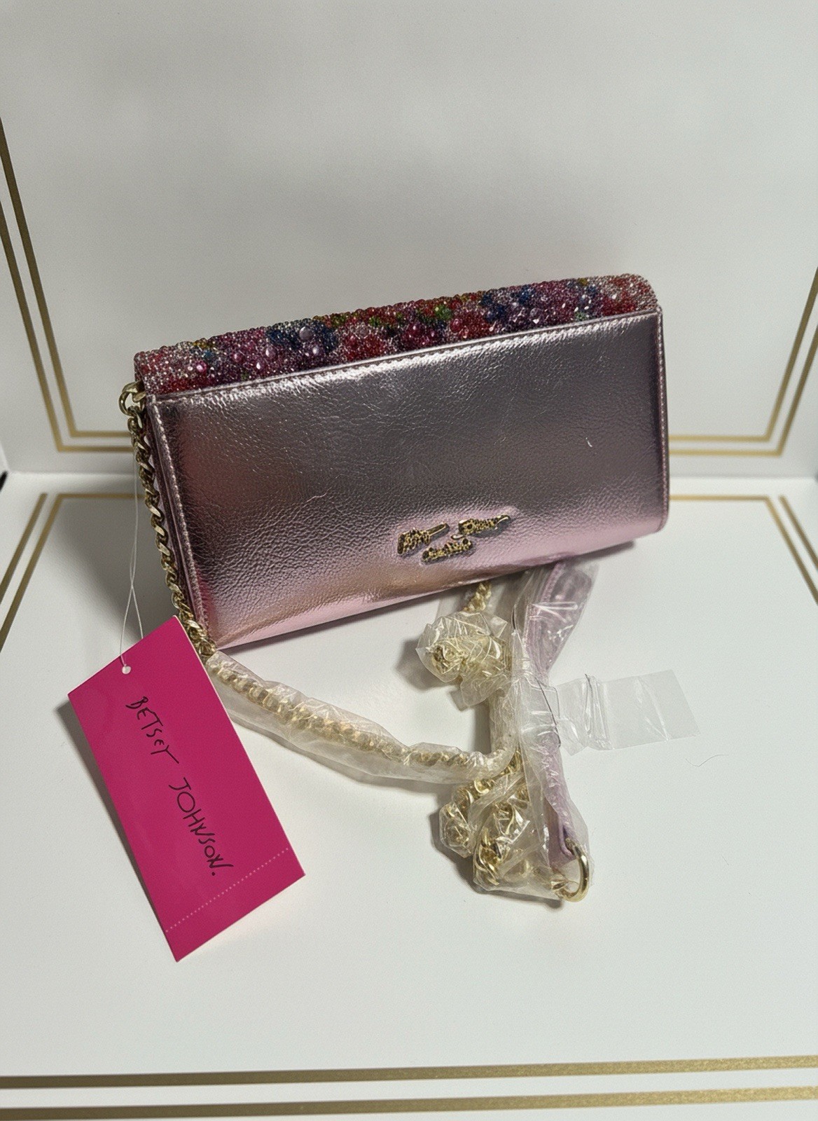 Betsey Johnson Multicolor Rhinestone Clutch w/ Detachable Gold Chain