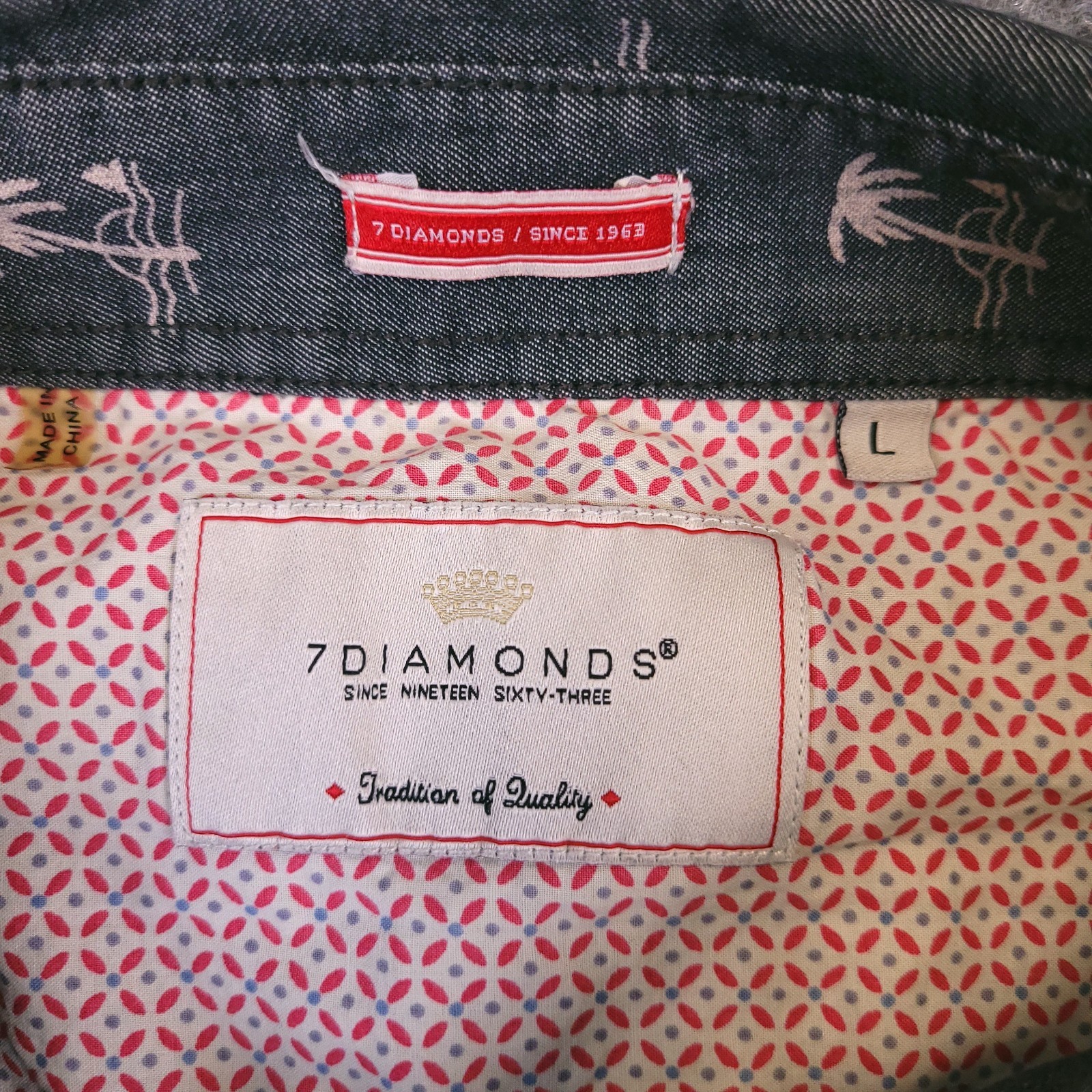 7D 7Diamonds Shirt Mens Large Button Up Gray Fade Geometric Palm Tree Cotton