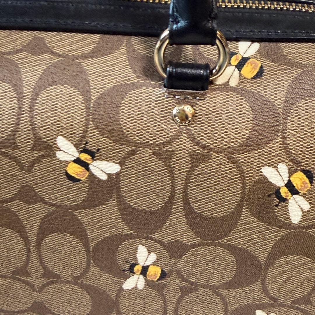 COACH Signature Bee Motif Boston Handbag 8.5 inches Brown/Black PVC Canvas