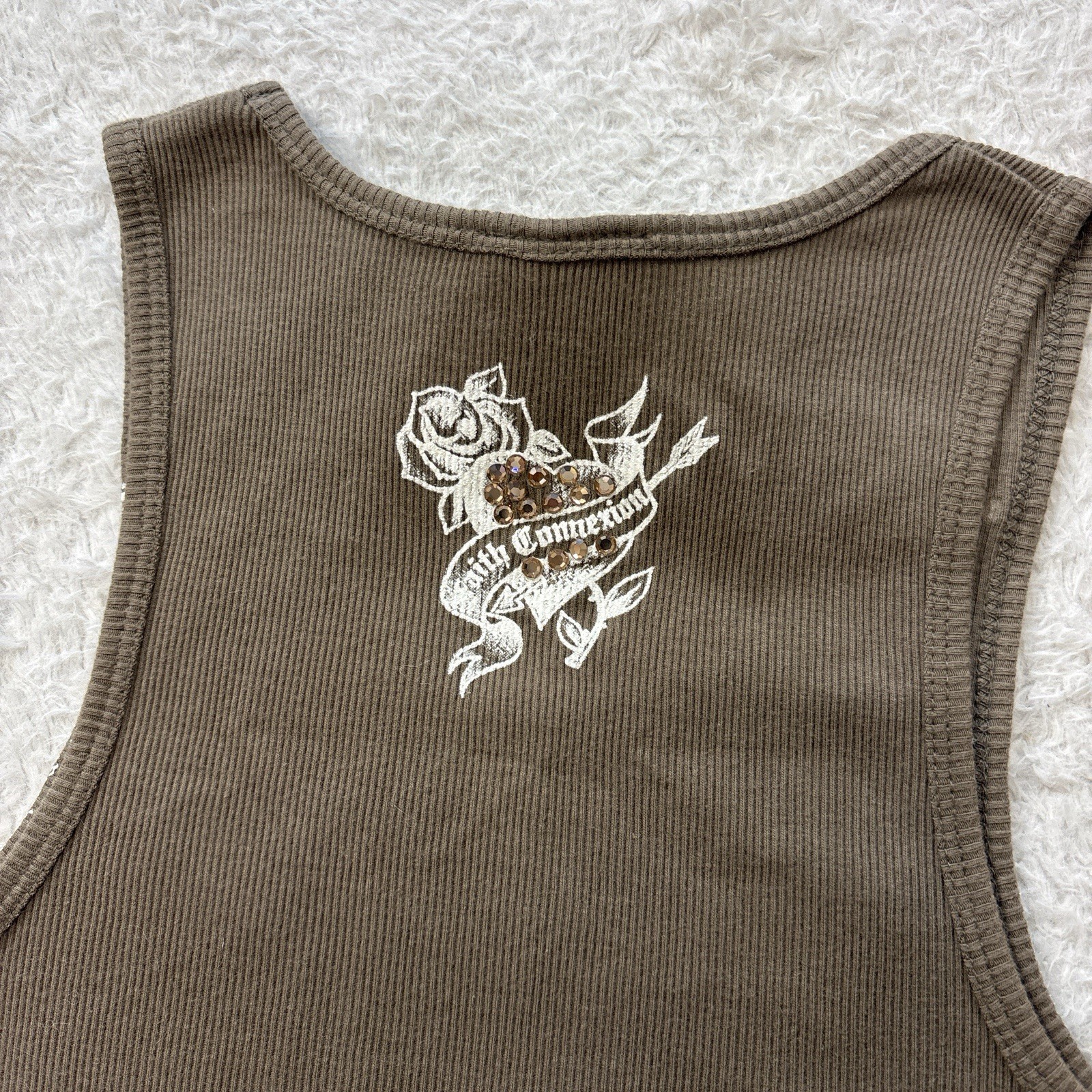 Y2K Faith Cross Tattoo Print Tank Top Rhinestone 00s khaki