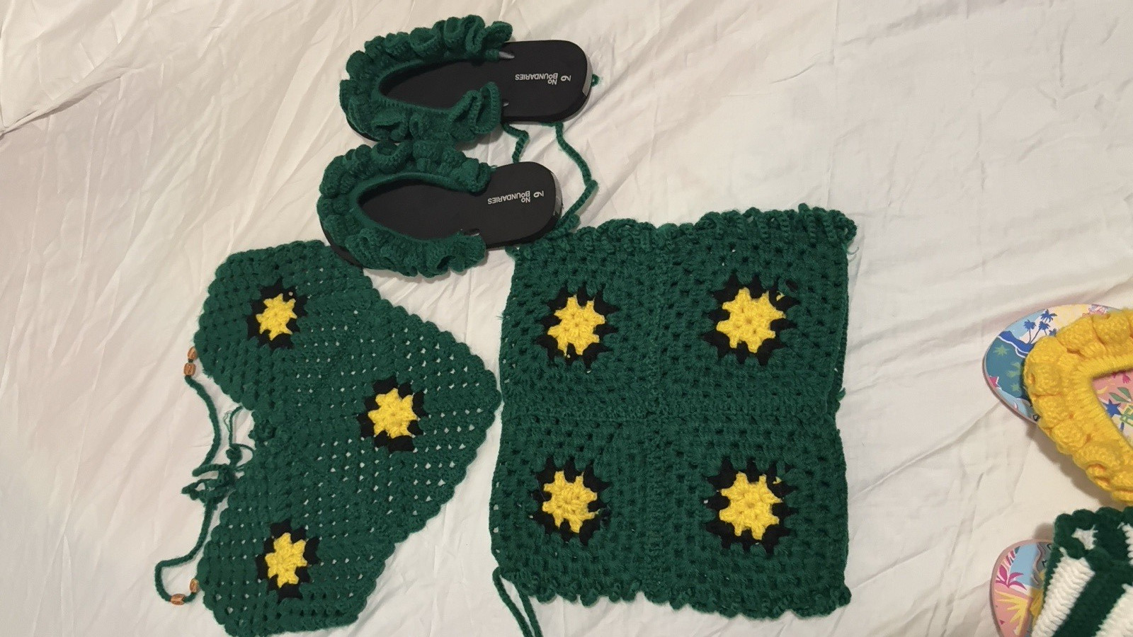 Women’s Green Crochet Yarn 3pc Top & Skirt Set Floral Tie Sleeveless