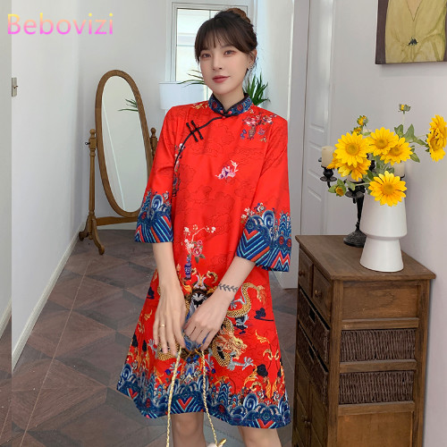 Red Blue Loose New Modern Chinese Cheongsam A-line Dress 3/4 Sleeve Qipao