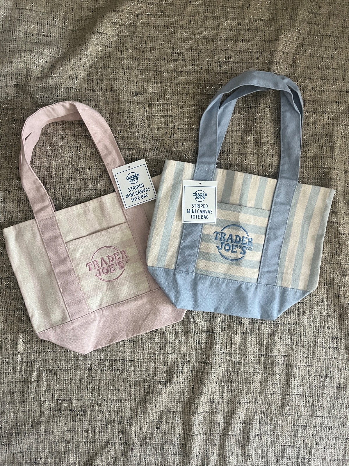 trader joe’s mini tote pink or blue nwts stripped totes with cream color