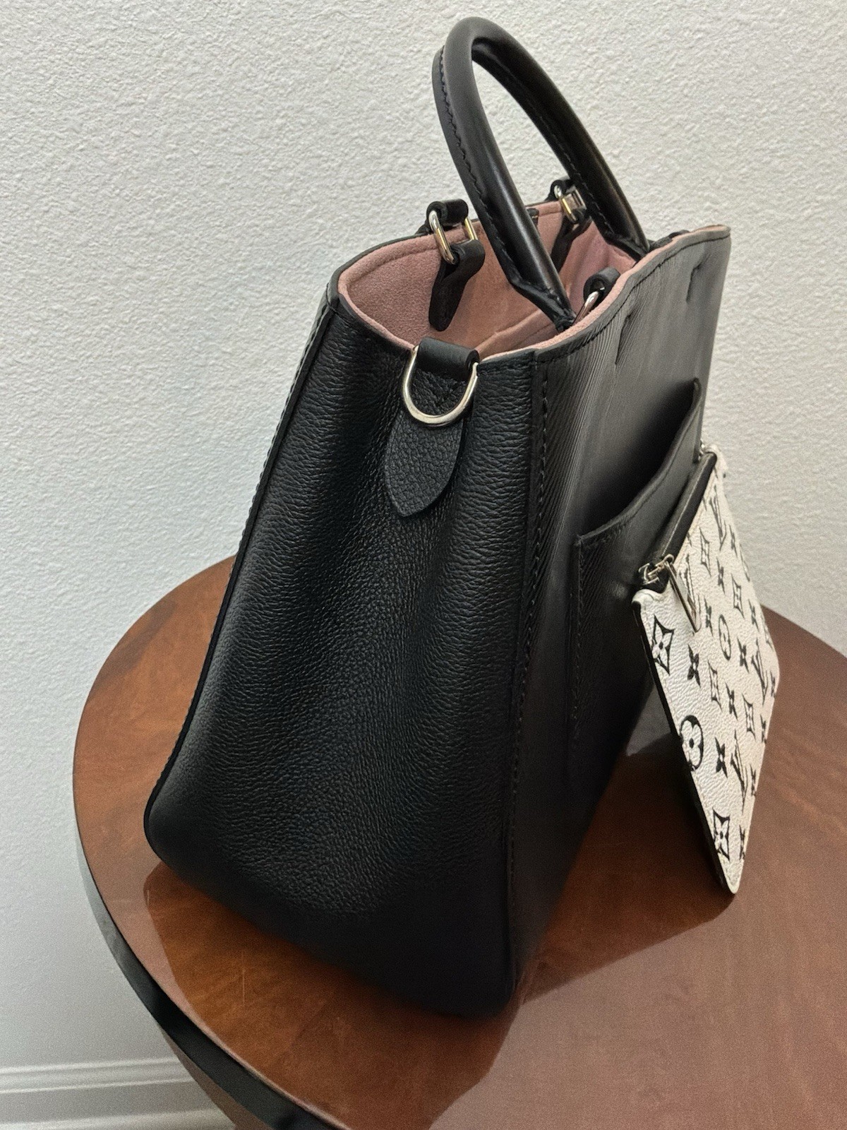 Louis Vuitton Monogram Satchel MM Top Handle Bag Black Zip w/ Strap Silver