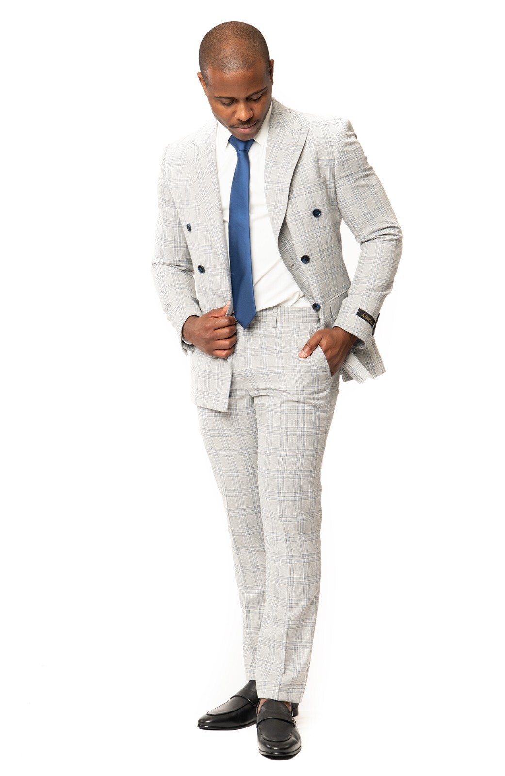 Slim Fit Double Breasted Plaid Chalk Grey 2 Button Peak Lapel Men Suit AZAR MAN