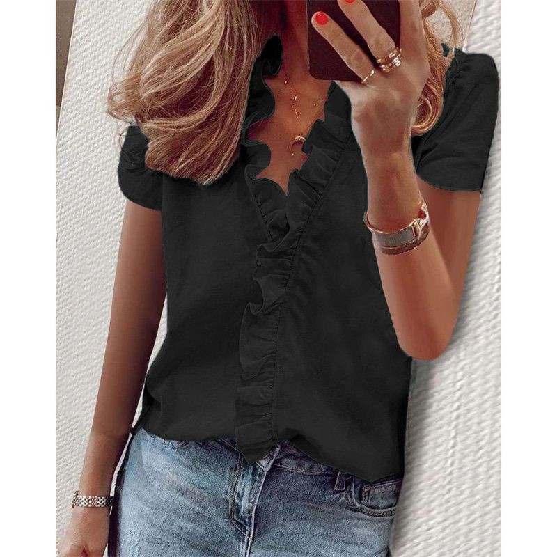 Womens T Shirt Summer Ladies Blouse Loose Pure Tops V neck Short Sleeve