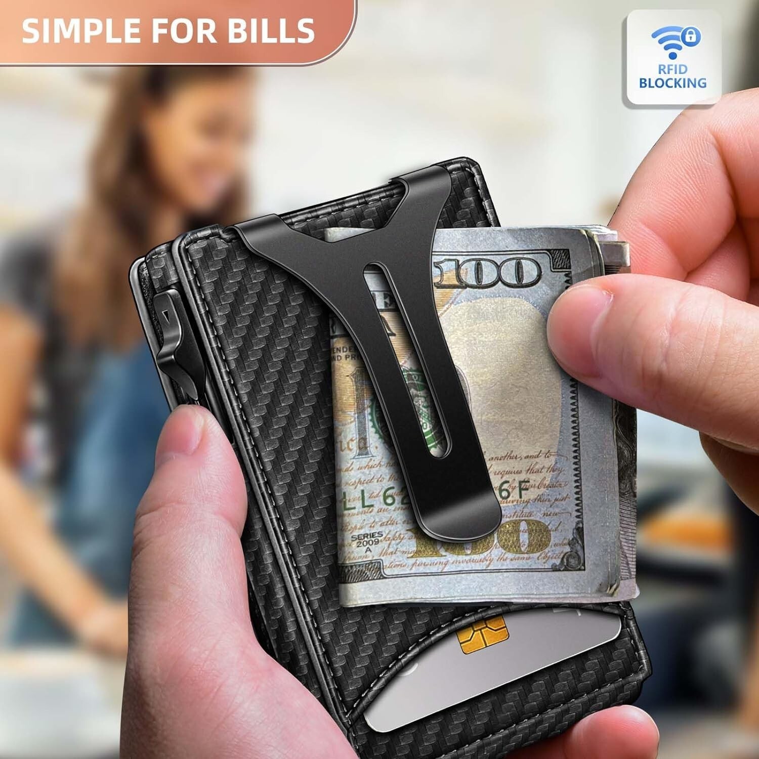 Slim Wallet with Money Clip & ID Window, RFID Blocking Smart Pop Up Card Wallet