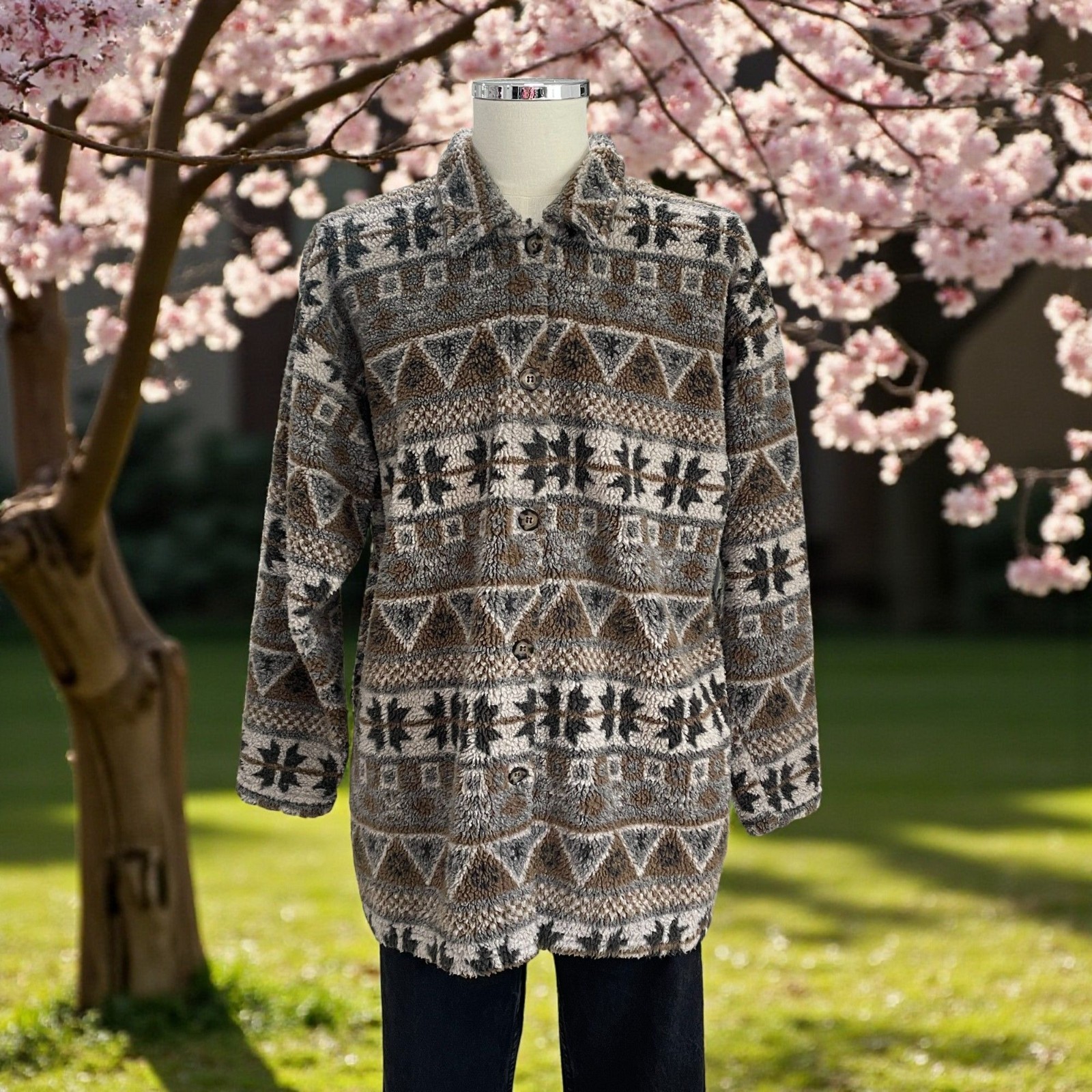 Vintage Palmettos Aztec Sherpa Fleece Jacket L Southwestern Winter Grunge Cozy