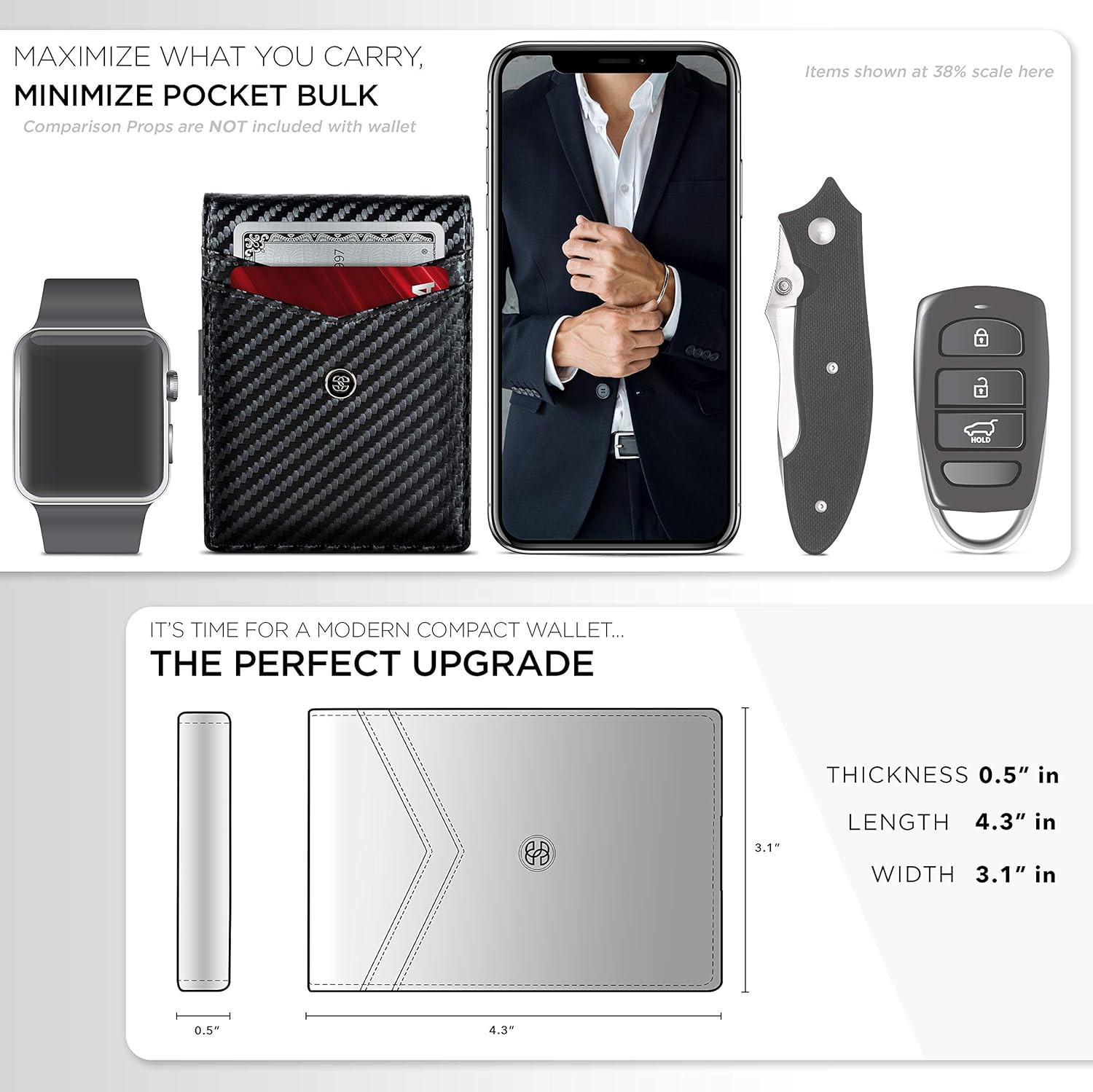 Slim Wallets for Men. Minimalist Bifold Wallet with Money Clip & ID Window. RFID