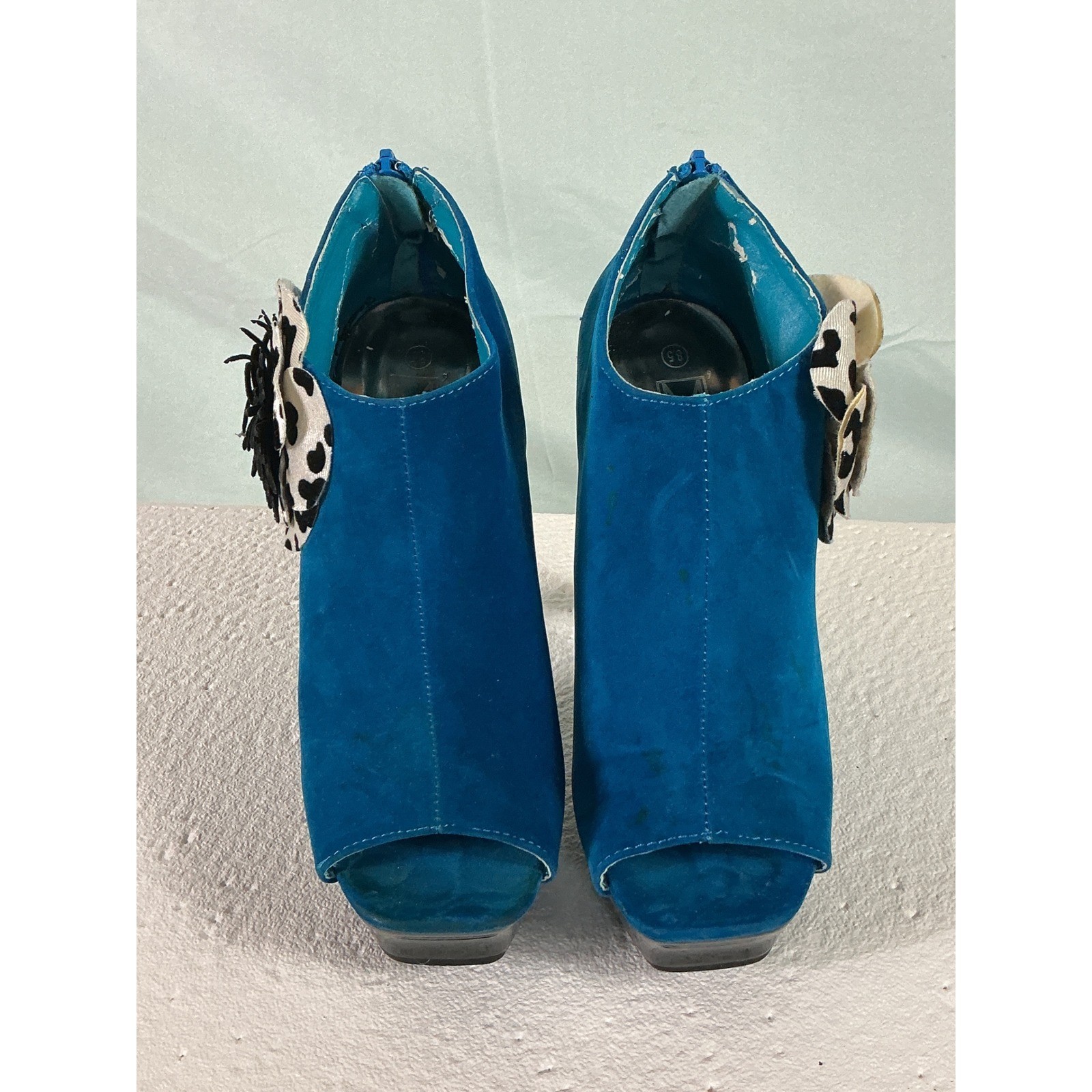 Makers Blue Suede Peep Toe Platform Booties Animal Print Flower Heels Size 8.5
