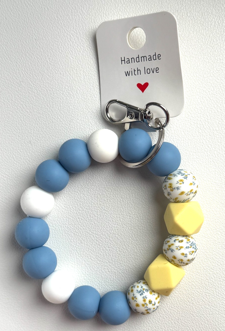 Silicone Beaded Keychain Wristlet Bracelet Spring Blue Floral