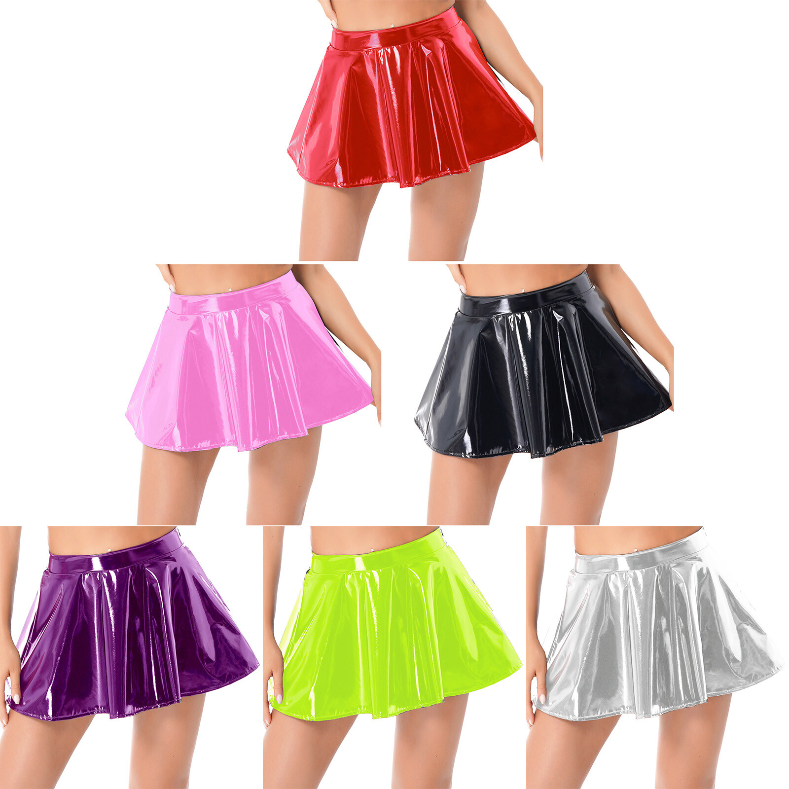 US Women PVC Leather Wet Look Flared Pleated Mini Skater Skirts A-Line Skirts