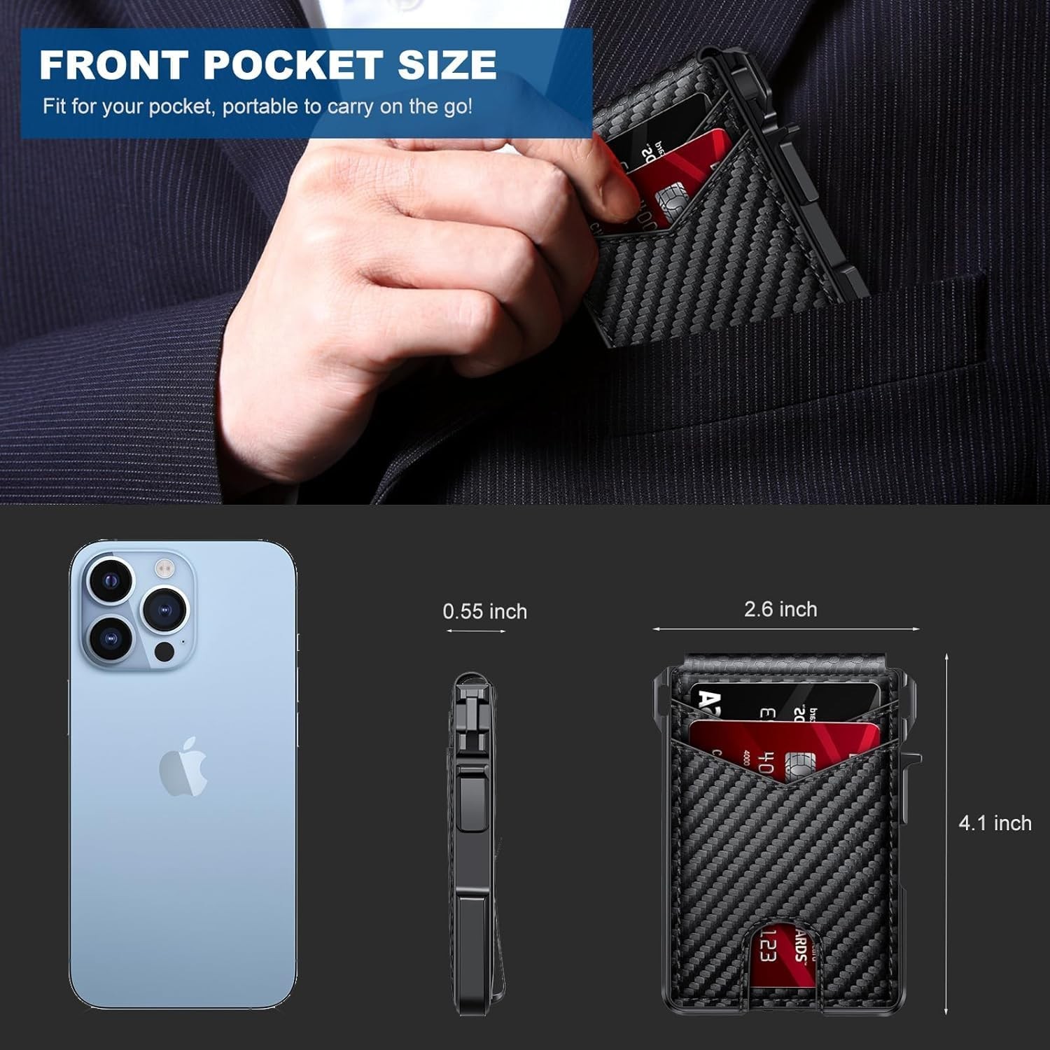 Men’s Slim PopUp Bifold Carbon Fiber Wallet, RFID Blocking, Money Clip, Men Gift