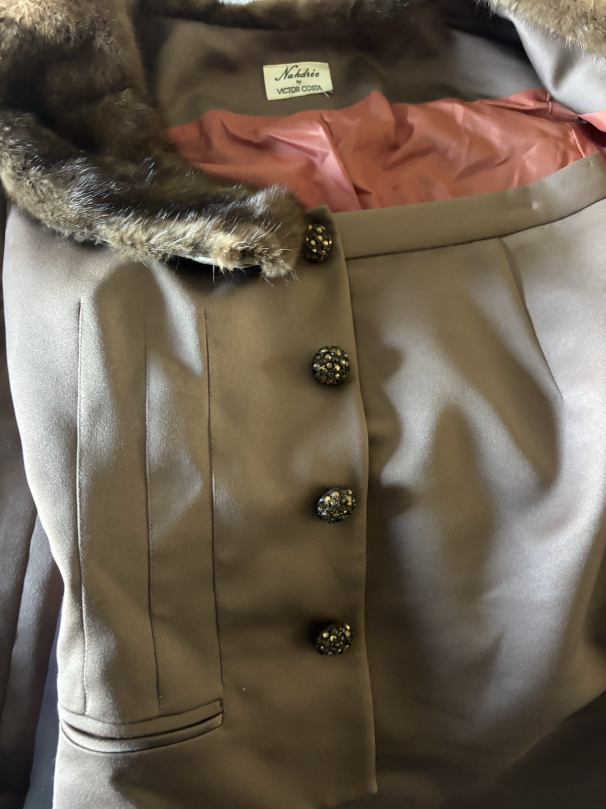 Nathalie by Victor Costa Brown 2pc Skirt Suit Fur Collar Shawl Lapel 14