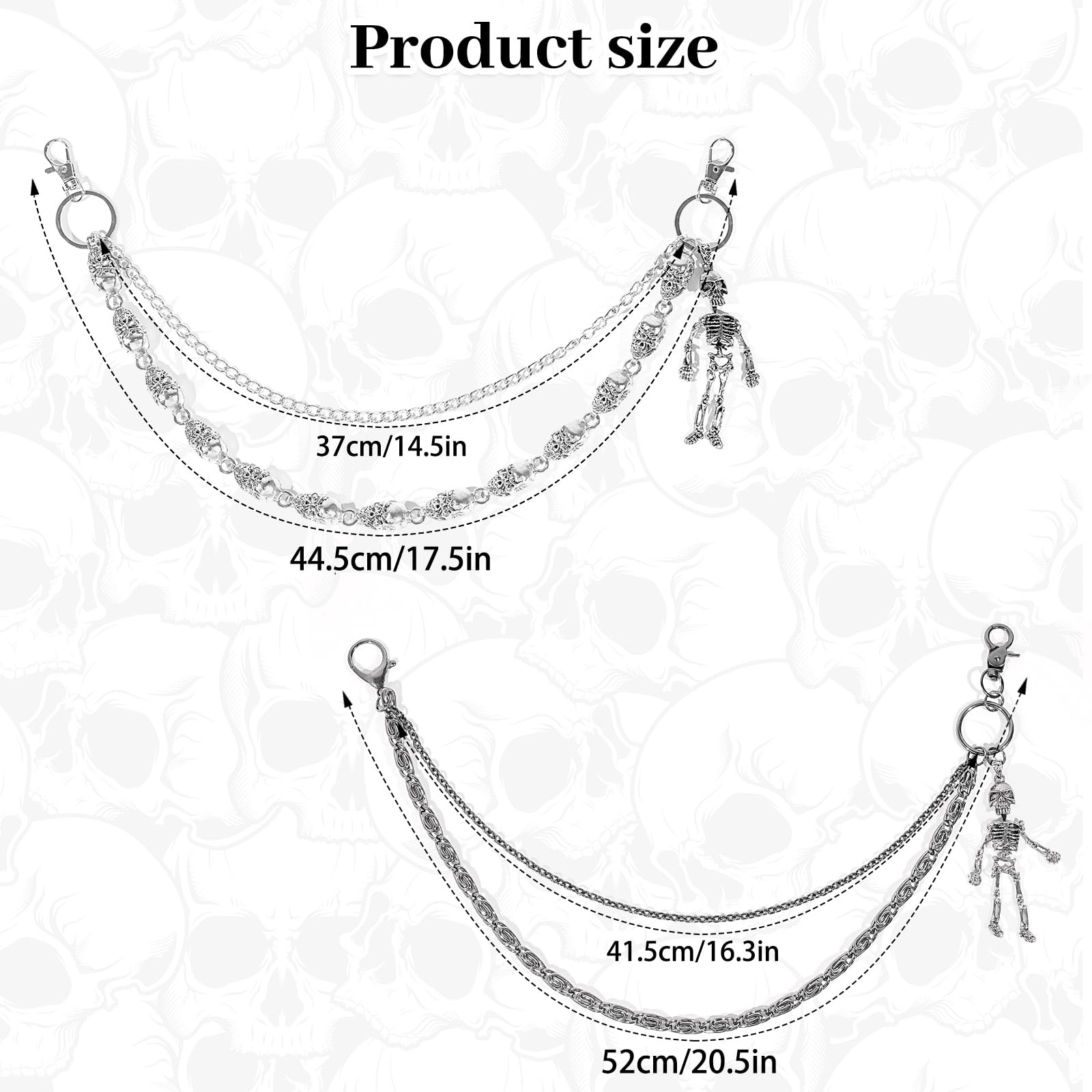 2 PCS Heavy Skull Pants Chain for Unisex Wallet Chains Standard for Biker Silver