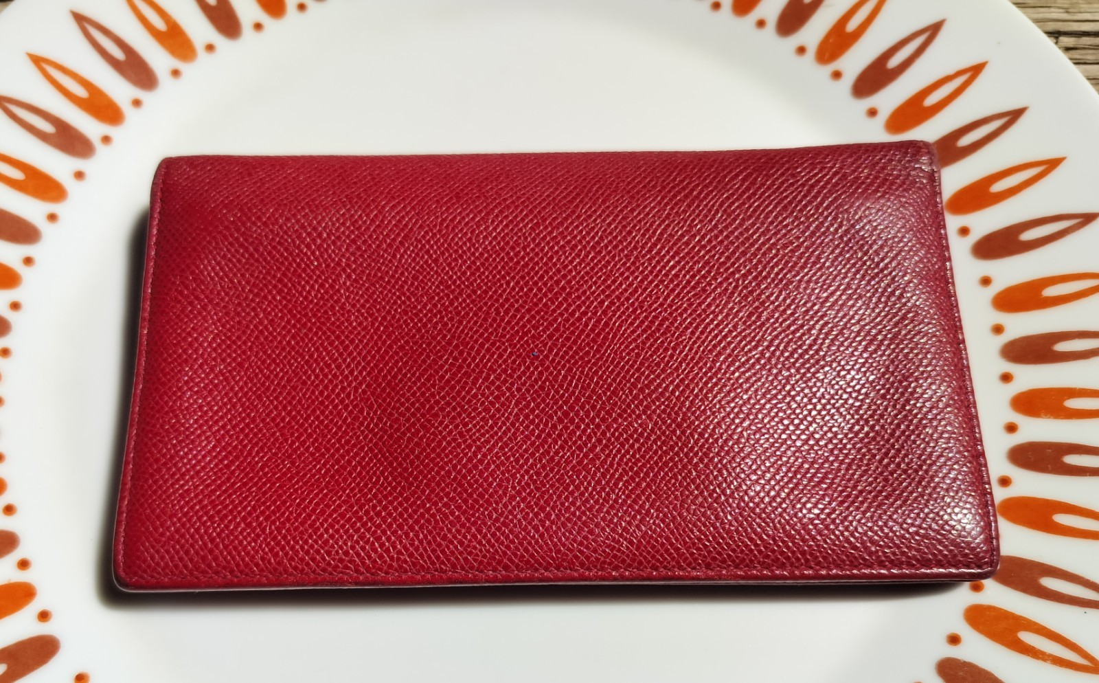 BVLGARI Red Leather Authentic Circle Logo Bi-fold Long Wallet W18×H11cm/4″X7″