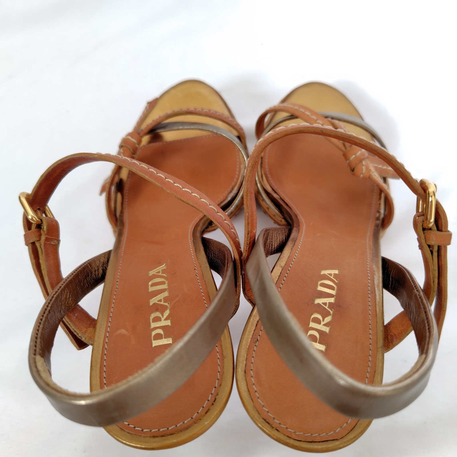 PRADA Wedge Platform Sandals Natural Brown Gold Silver Ribbon EU 36 11cm Heel