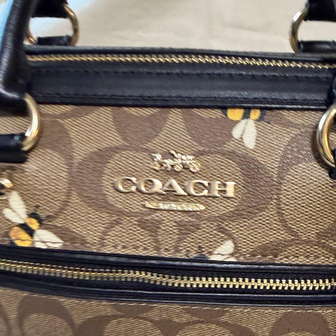 COACH Signature Bee Motif Boston Handbag 8.5 inches Brown/Black PVC Canvas