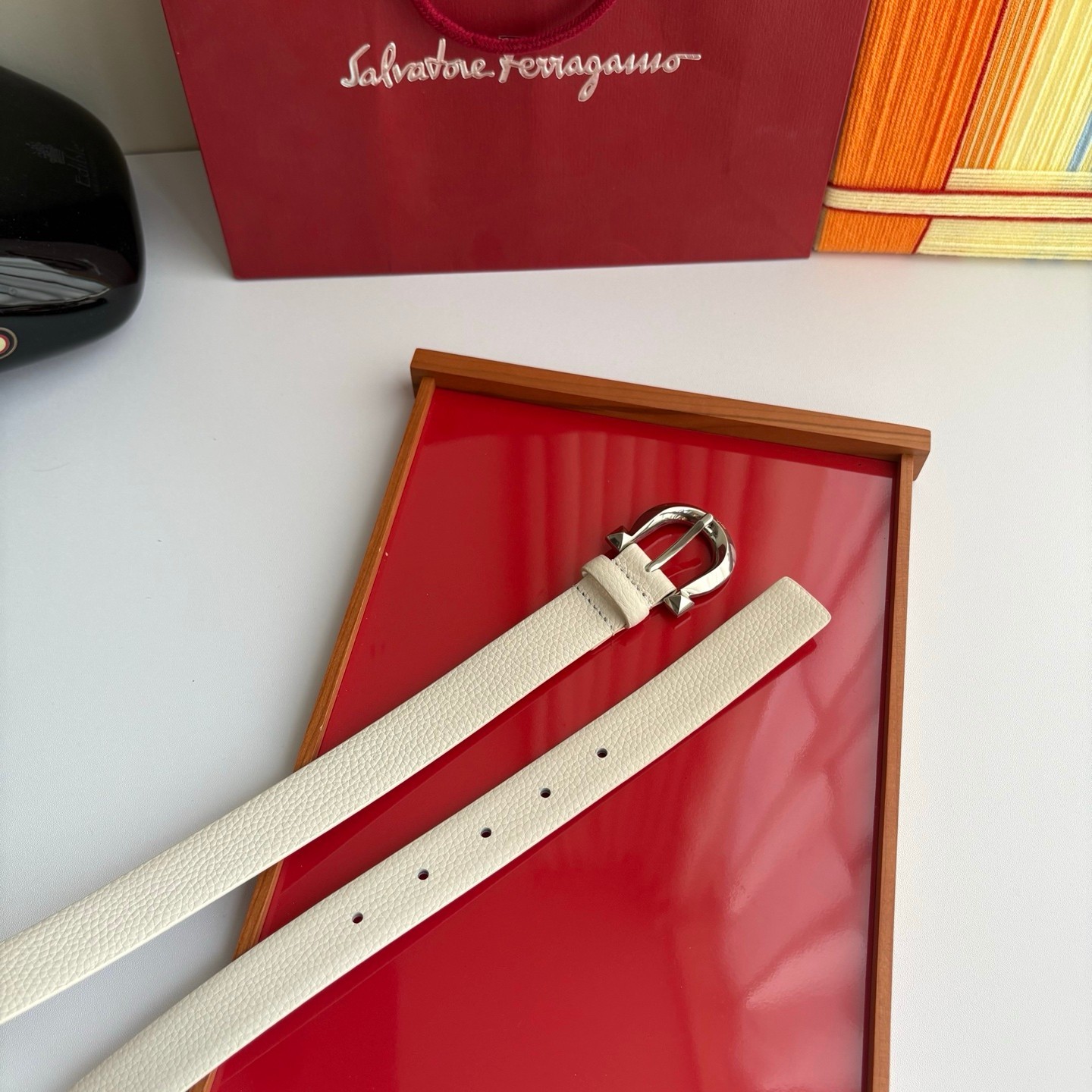 Salvatore Ferragamo Women’s White belt with silver buckle