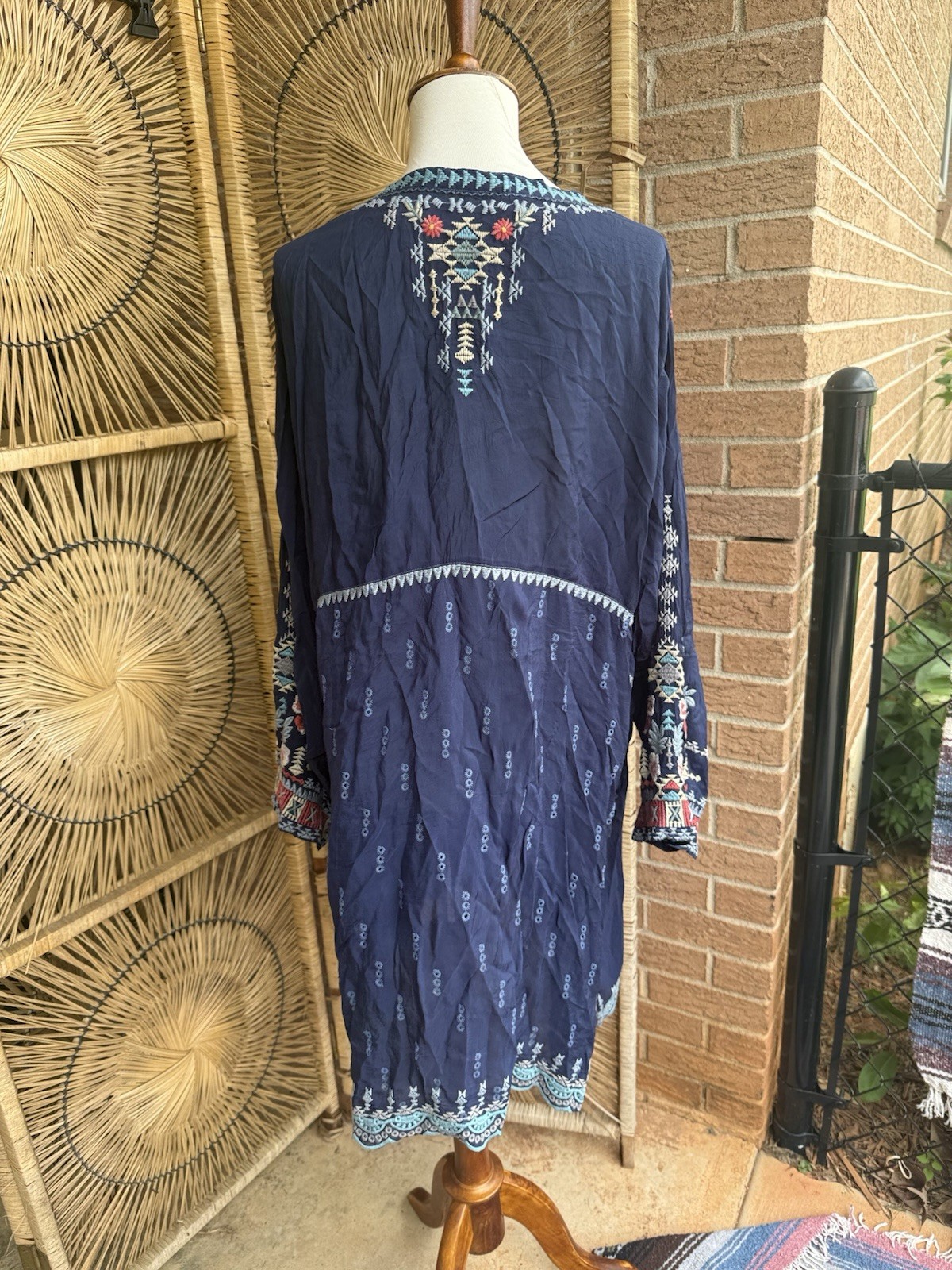 Johnny Was Womans 3X Tunic Blouse Embroidered Boho Floral Peasant Festival Blue