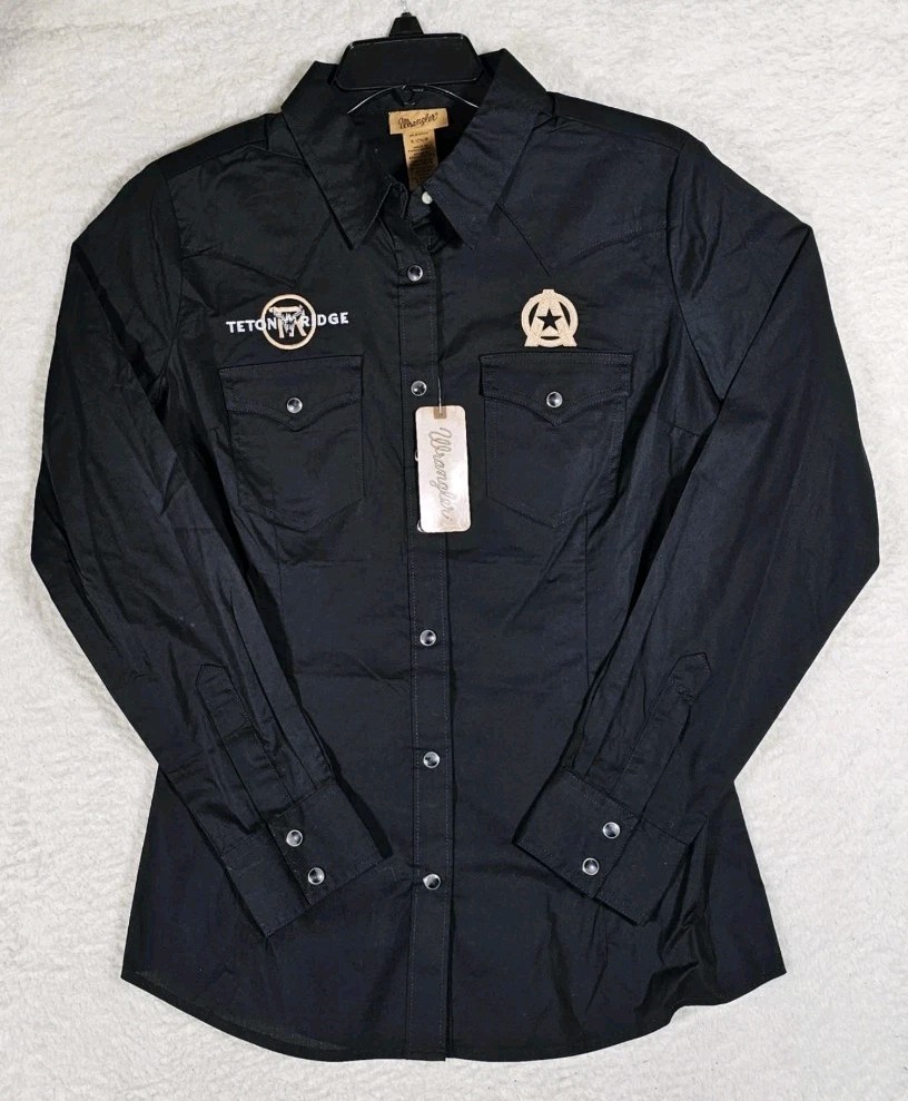 NEW Wrangler Womens Size S Shirt Rodeo Logo, Cowboy Western Snap Black